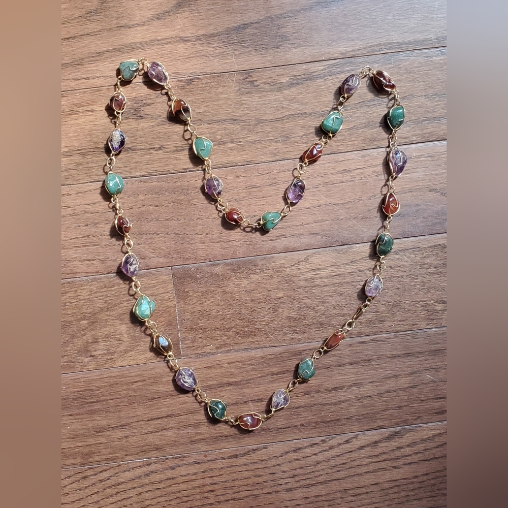 Vintage Multi Color Stone Necklace/ Semi Precious Caged Stone Necklace